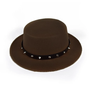 Detail of brown wool fedora hat featuring black PU leather band with silver metal studs