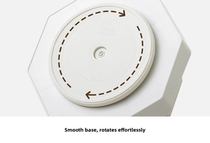 Macro detail of the smooth 360-degree rotating base mechanism for a desk organizer