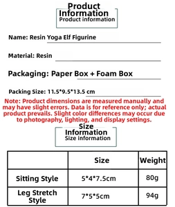 Size specifications and product details for resin yoga gnome figurines in two poses