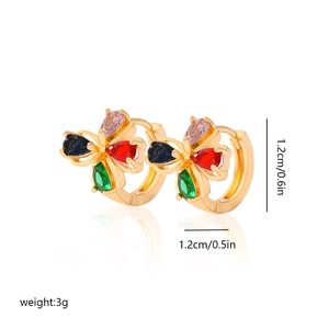Detail shot of gold hoop earrings with multi-color crystal flower charm and dimensions