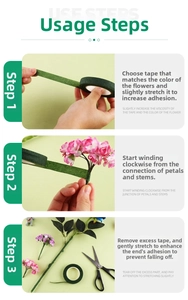 Three-step guide for using green floral tape to create handmade artificial flowers