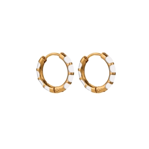 Detail of gold and white enamel hoop earrings featuring a minimalist geometric pattern