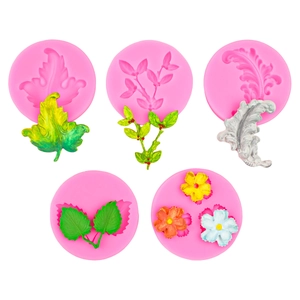Σετ 5 τεμαχίων ροζ καλούπια σιλικόνης με λουλούδια και φύλλα για διακόσμηση κέικ και ρητίνη