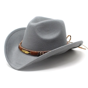 Detail of grey wool felt cowboy hat featuring metal feather decor and woven band