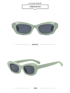 Detailed front and side views of vintage green cat eye sunglasses with black lenses
