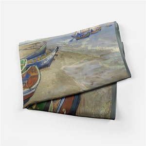 Detailed close-up of Van Gogh oil painting silk scarf with soft fabric texture