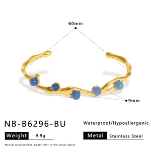 Detailed dimensions of gold stainless steel bangle with blue stones showing 60mm inner diameter
