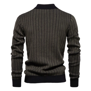 Macro shot of olive green and black vertical striped knit texture on men's sweater