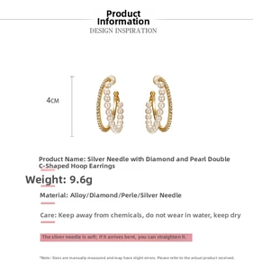 Detail view of C-shaped double hoop earrings with pearls and crystals, size 4cm height