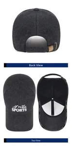 Detail view of winter wool baseball cap with outdoor sports logo and adjustable brass buckle