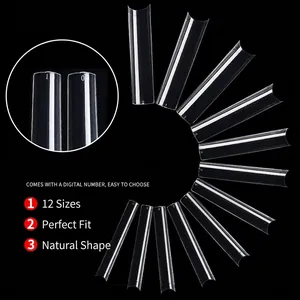 Transparent XXL square nail tips set with 12 sizes and numbered markers on black background