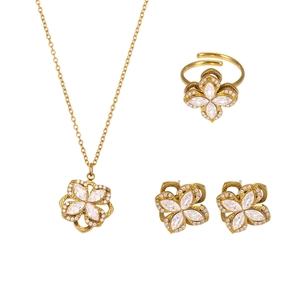 Rotating zircon four-leaf flower jewelry set in 18K gold plated stainless steel