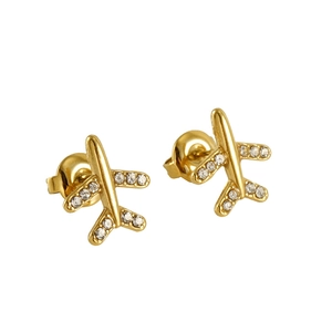 Fashionable 18K gold plated stainless steel airplane stud earrings with CZ diamonds