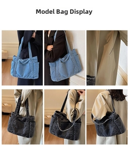 Multi-angle view of large denim tote bag in blue and grey with multiple utility pockets
