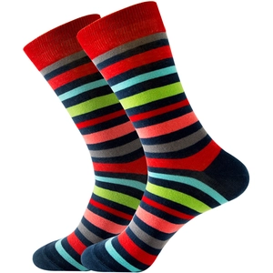 Detail showing high-quality colorful striped cotton crew socks with vibrant knit patterns