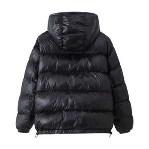 Glossy black hooded puffer jacket for women with quilted padding and adjustable drawstring