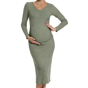 Slim fit V-neck maternity knit midi dress in grass green with ribbed texture and side slit