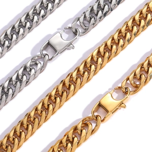 Polished gold and silver stainless steel Cuban link chains with lobster clasps