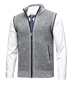 Detailed texture of grey knitted men's vest featuring a stand collar and high-quality zipper
