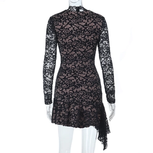 Detailed back view of black lace dress with sheer mesh lining and hidden zipper closure