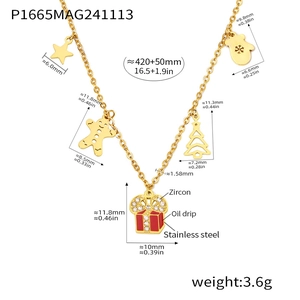 Detailed specs of stainless steel gold necklace with enamel Christmas charms and zircons