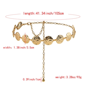 Detail view of gold metal chain belt with hammered circles and length measurements