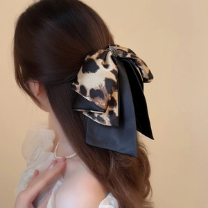Leopard Print Bow Hair Claw Clip With Satin Ribbon Streamers And Rhinestone Center Vintage Fashion Accessory For Women