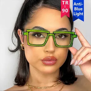 Green TR90 square frame glasses with unique 2D cartoon style and anti-blue light lens