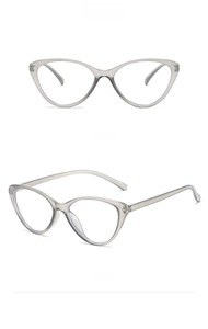 Front and side view of transparent grey cat-eye glasses frame for blocking blue light
