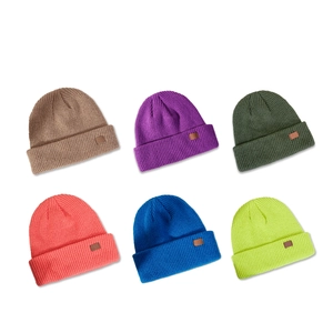 Winter knitted beanies in six colors with leather labels and classic fold-over design
