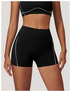 Détails du short de yoga noir à taille haute avec coutures blanches contrastées pour fitness