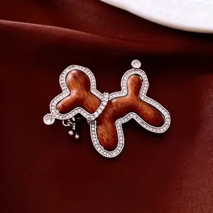 Balloon Dog Brooch Wood Copper Zircon Inlaid Vintage Fashion Pin For Women With Tiny Bone Pendant Accessory