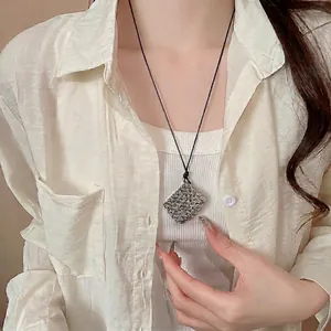 Retro Hollow Cube Pendant Necklace Alloy Woven Texture Black Wax Rope Long Chain Minimalist Jewelry Women
