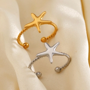 Starfish Open Ring Stainless Steel Adjustable Twisted Rope Band Ocean Beach Vacation Minimalist Jewelry For Women