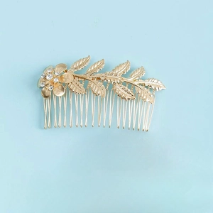 Elegant gold metal leaf and flower hair comb with sparkling crystals for women