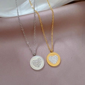 Minimalist titanium steel heart pendant necklace in gold and silver finish with crystals