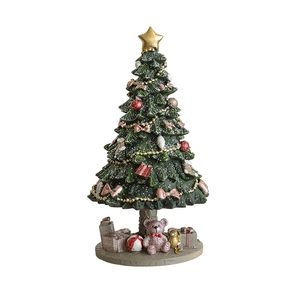 Miniature resin Christmas tree tabletop ornament with gold star and gift box decorations