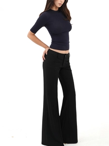 Slim fit navy short sleeve T-shirt with black high waisted flare trousers for women