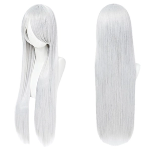 Long white straight cosplay wig with bangs, front and back view on mannequin