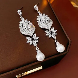 Elegant Heart Leaf Floral Dangle Earrings Copper Encrusted Zircon With Silver Earring Post Round Artificial Pearl Jewelry For Women