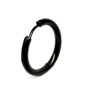 Minimalist black polished stainless steel hoop earrings for men and women shown in 45-degree angle