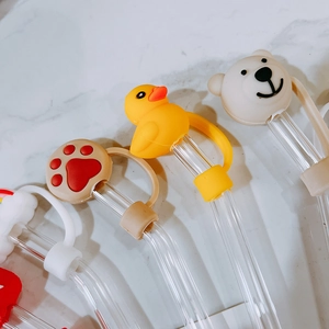 Cute cartoon silicone straw covers with bear and cloud shapes on glass straws