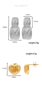 Detailed view of geometric hammered earrings dimensions and metallic texture details