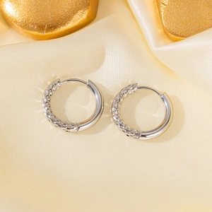 Minimalist silver stainless steel hoop earrings with hammered texture on gold silk