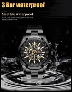 Men's sports watch in water splashes showing 3 Bar waterproof feature and black steel finish