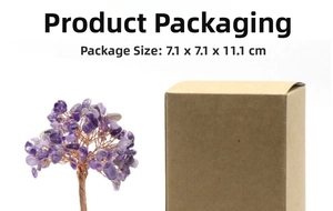 Detail view of Amethyst crystal tree with copper wire branches and 7.1x7.1x11.1cm packaging box