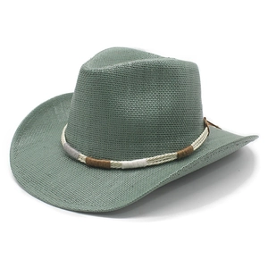 British style sage green woven straw cowboy hat with decorative tricolor braided band