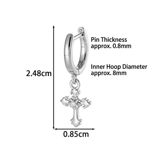 Gothic iris cross drop earrings in silver finish with center zircon stone inlay