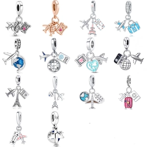 Travel themed silver charm set with airplane and passport motifs for DIY bracelets