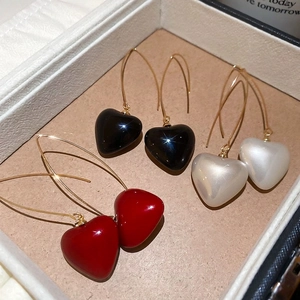 Heart Drop Earrings Alloy Long Gold Hook Faux Artificial Pearl Resin Minimalist Dainty Niche Jewelry For Women